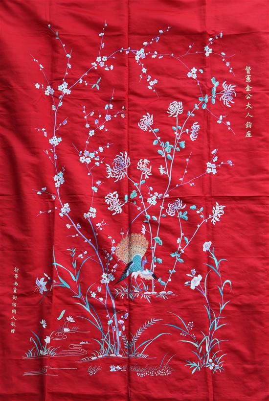 A Chinese embroidered silk wall hanging panel, c.1925-30, length 390cm (2)